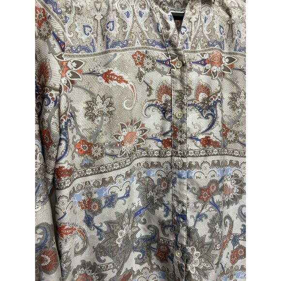 Vintage Paisley Print Button-Down Shirt with Floral Pattern Grey Blue Coral - Picture 3 of 6